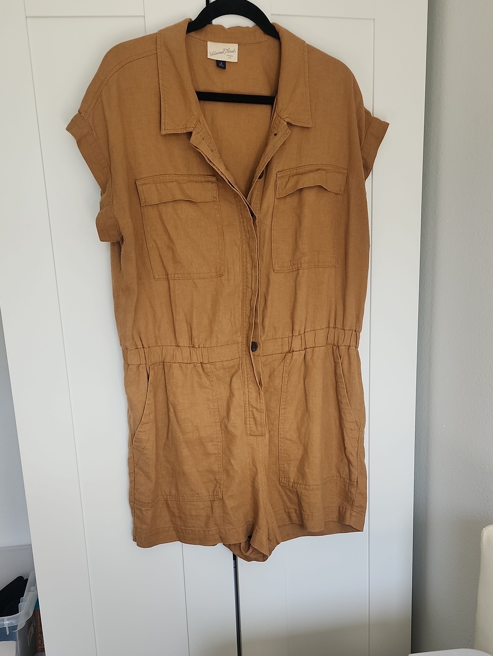 Universal Thread Button-Front Romper in Camel Brown